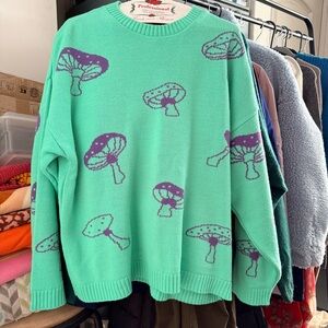 ASOS Mint Green Sweater with Purple Mushroom Motif